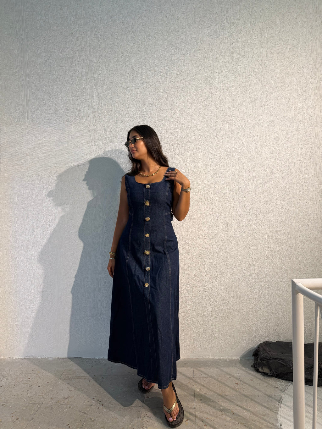 Denim button-front maxi dress