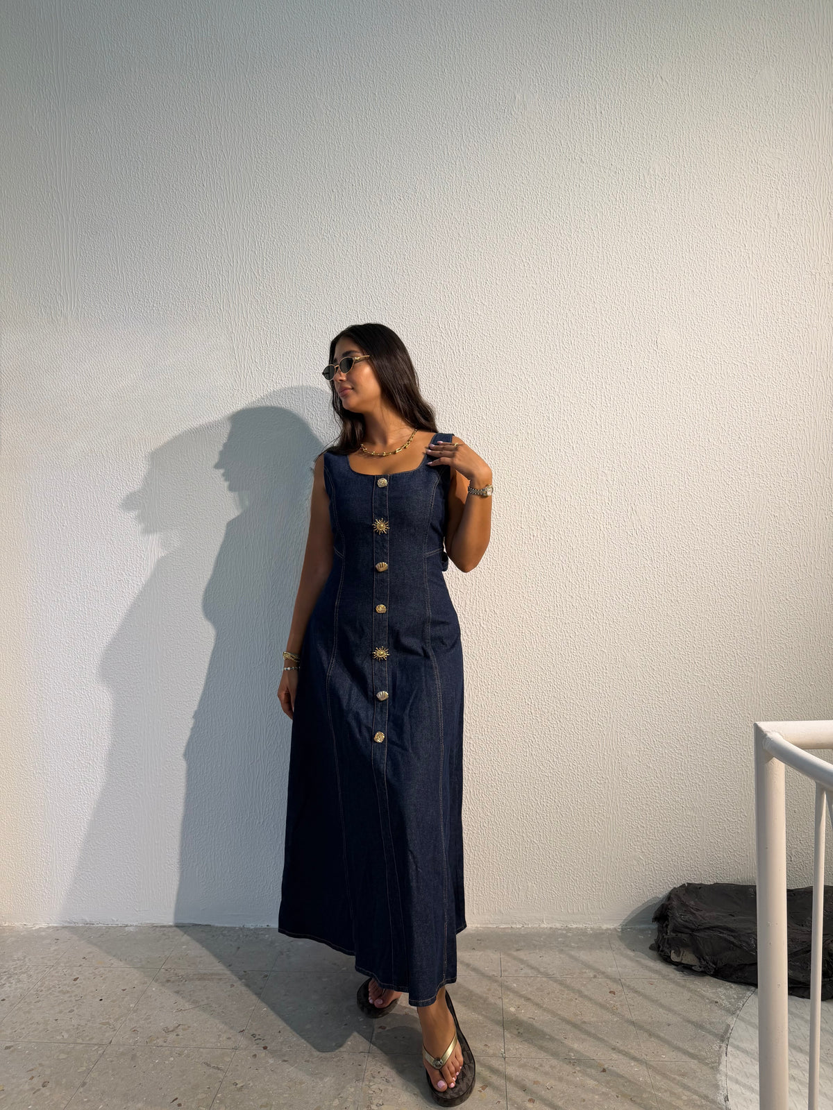 Denim button-front maxi dress