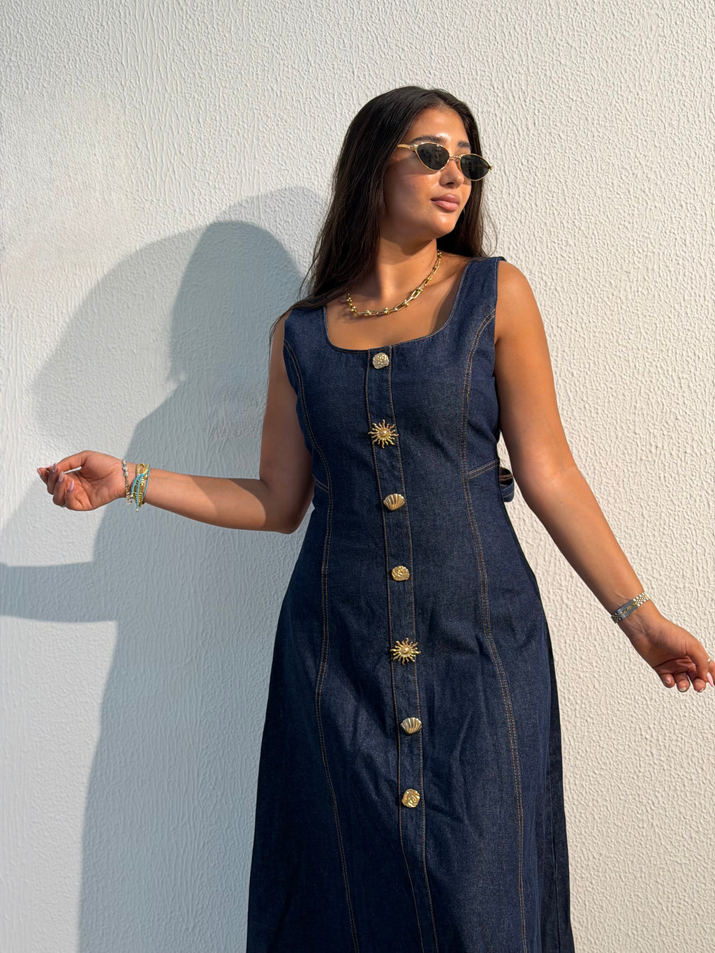 Denim button-front maxi dress