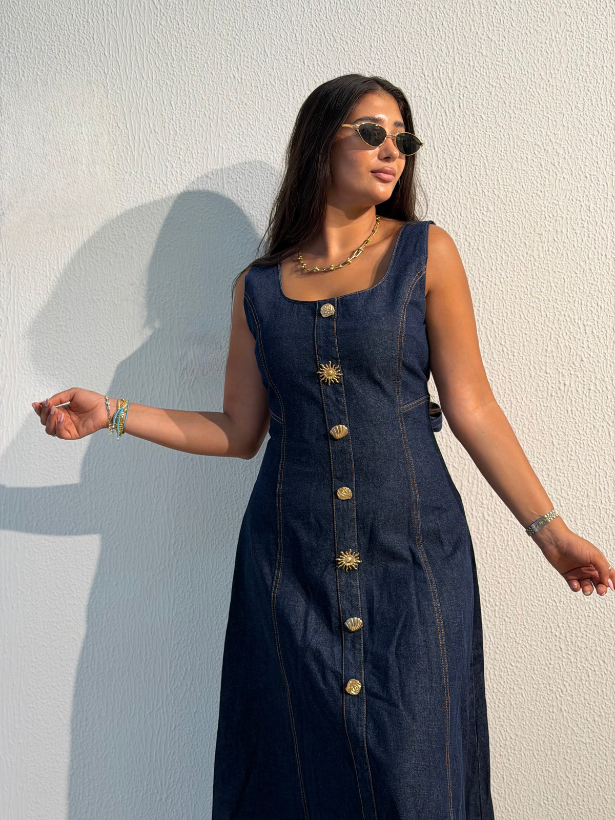 Denim button-front maxi dress