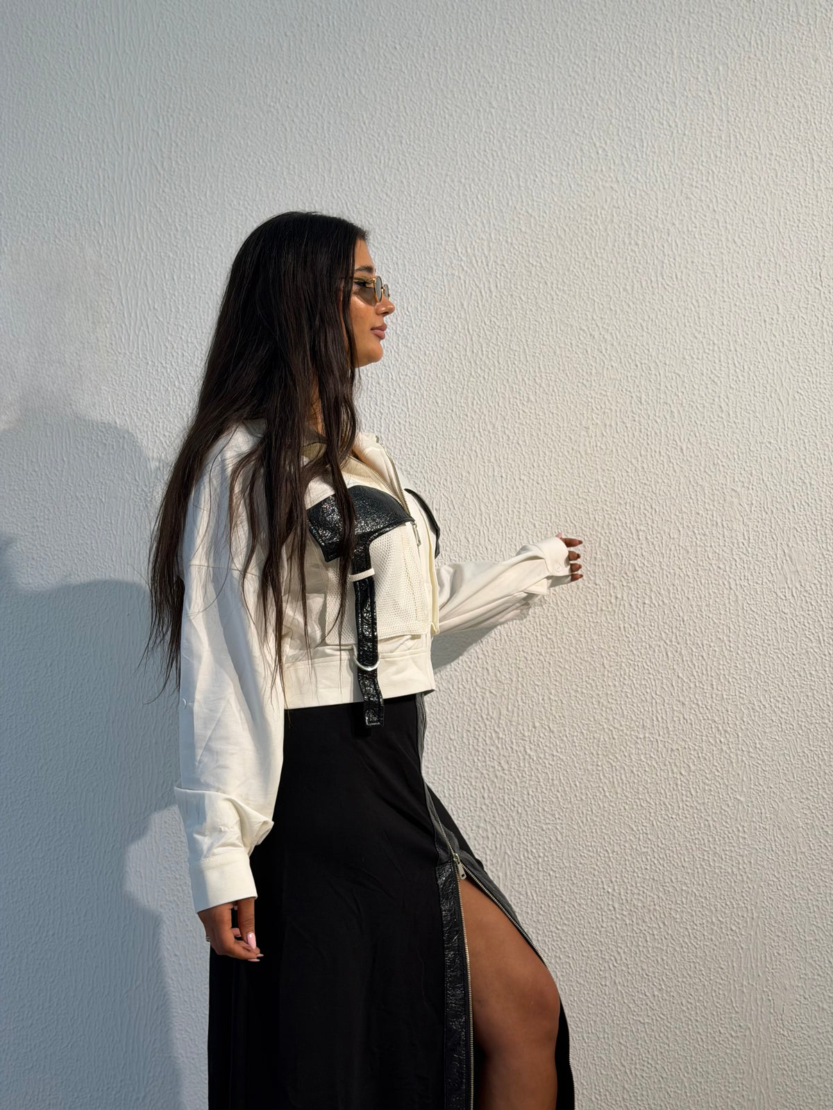 White cropped jacket + black slit skirt