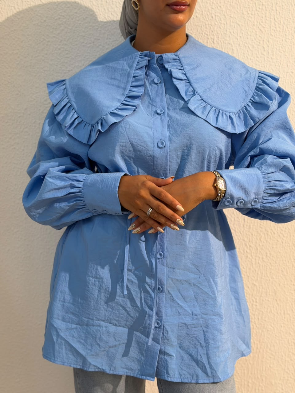 Sky Blue Ruffle-Collar Blouse