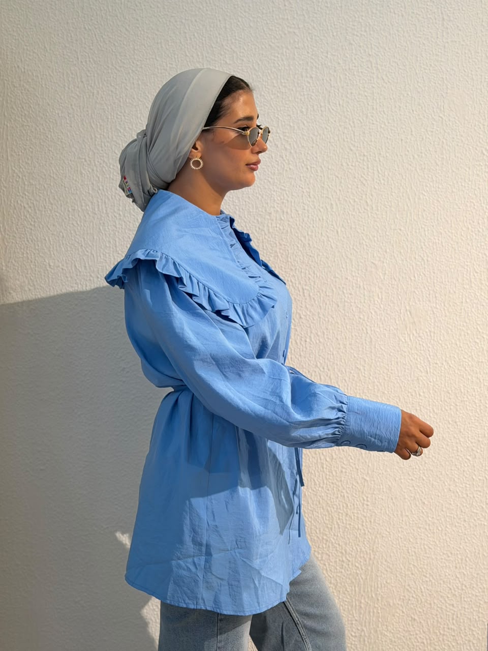 Sky Blue Ruffle-Collar Blouse