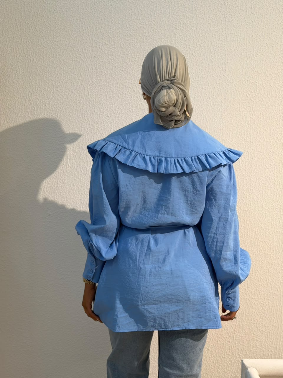 Sky Blue Ruffle-Collar Blouse