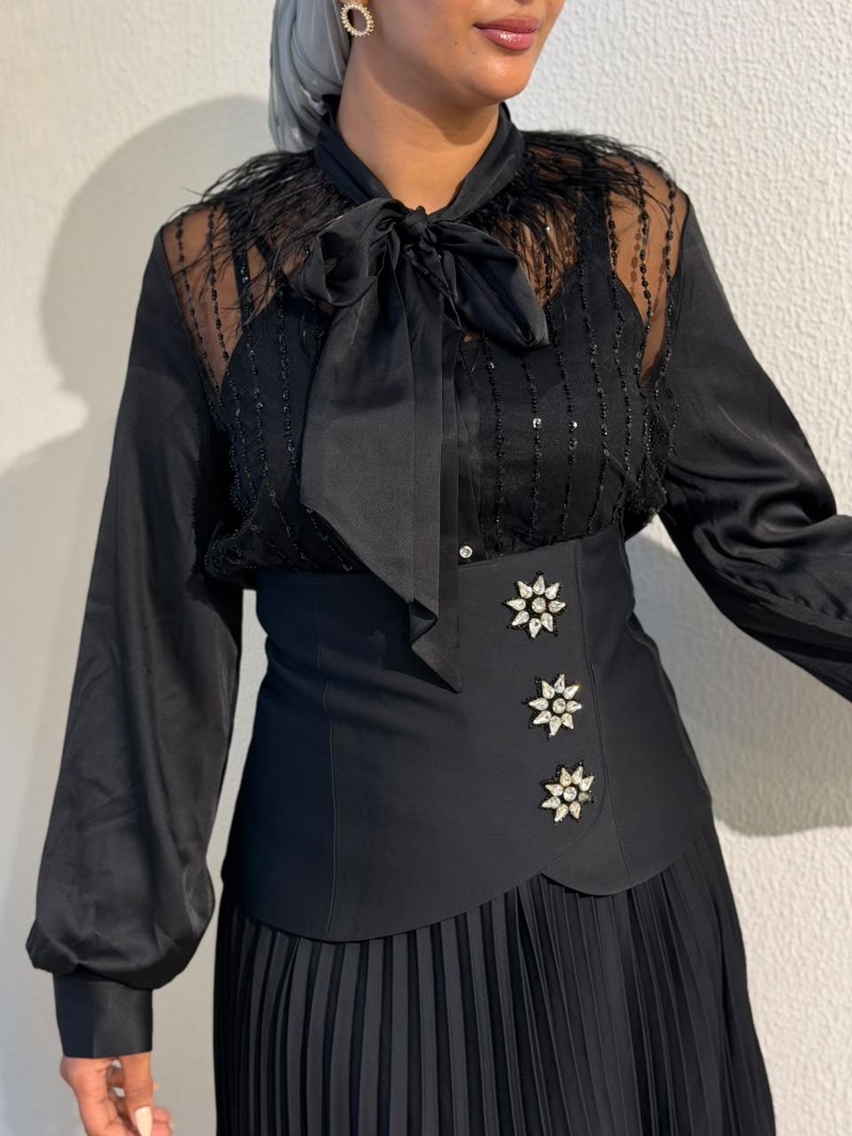 Serpil Embellished Blouse & Pleated Skirt Set