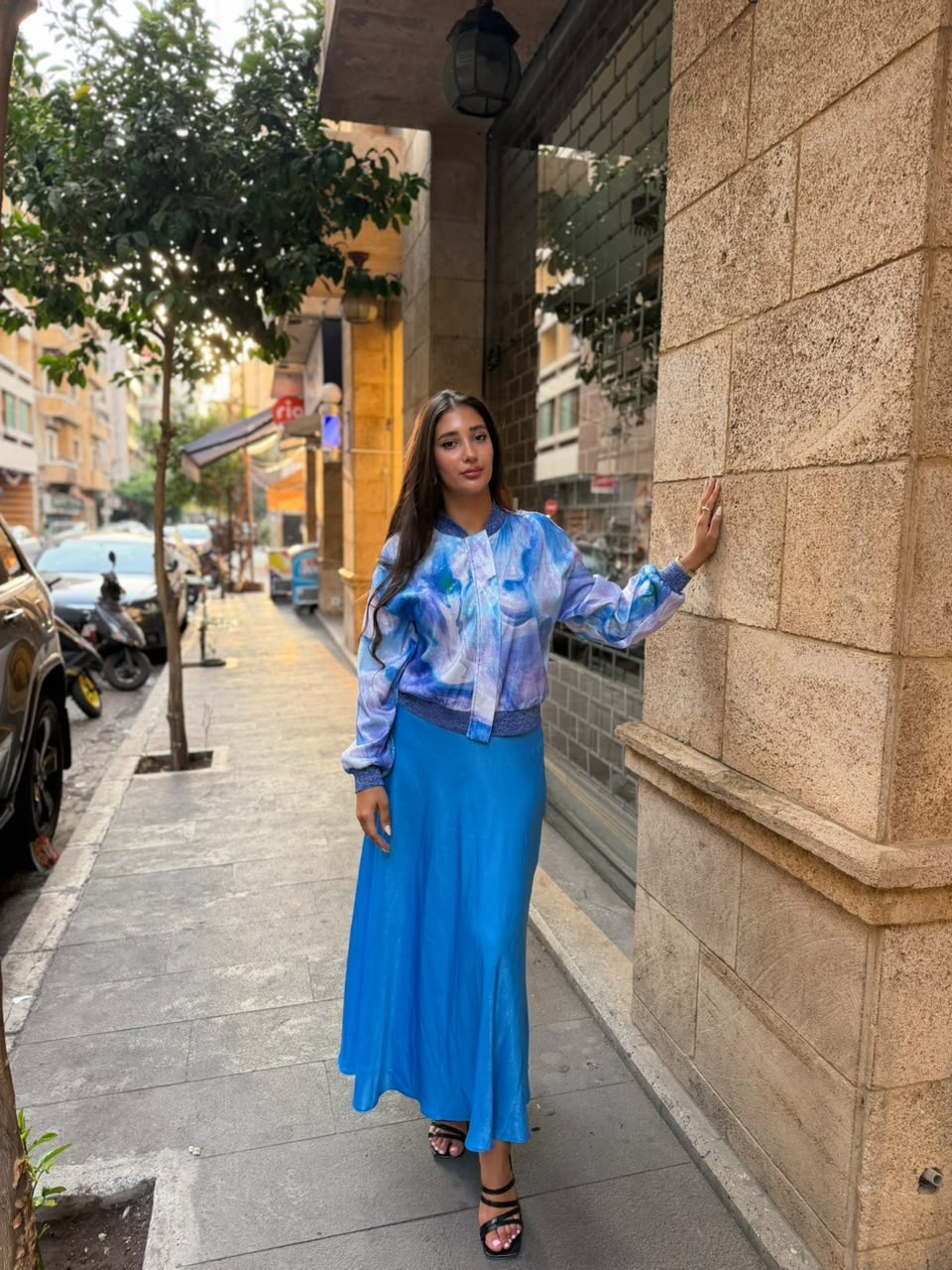 Azure Watercolor Bomber & Satin Skirt Set