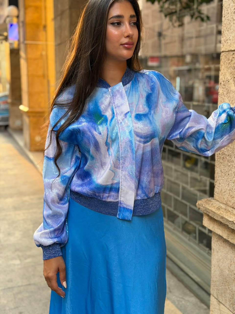 Azure Watercolor Bomber & Satin Skirt Set