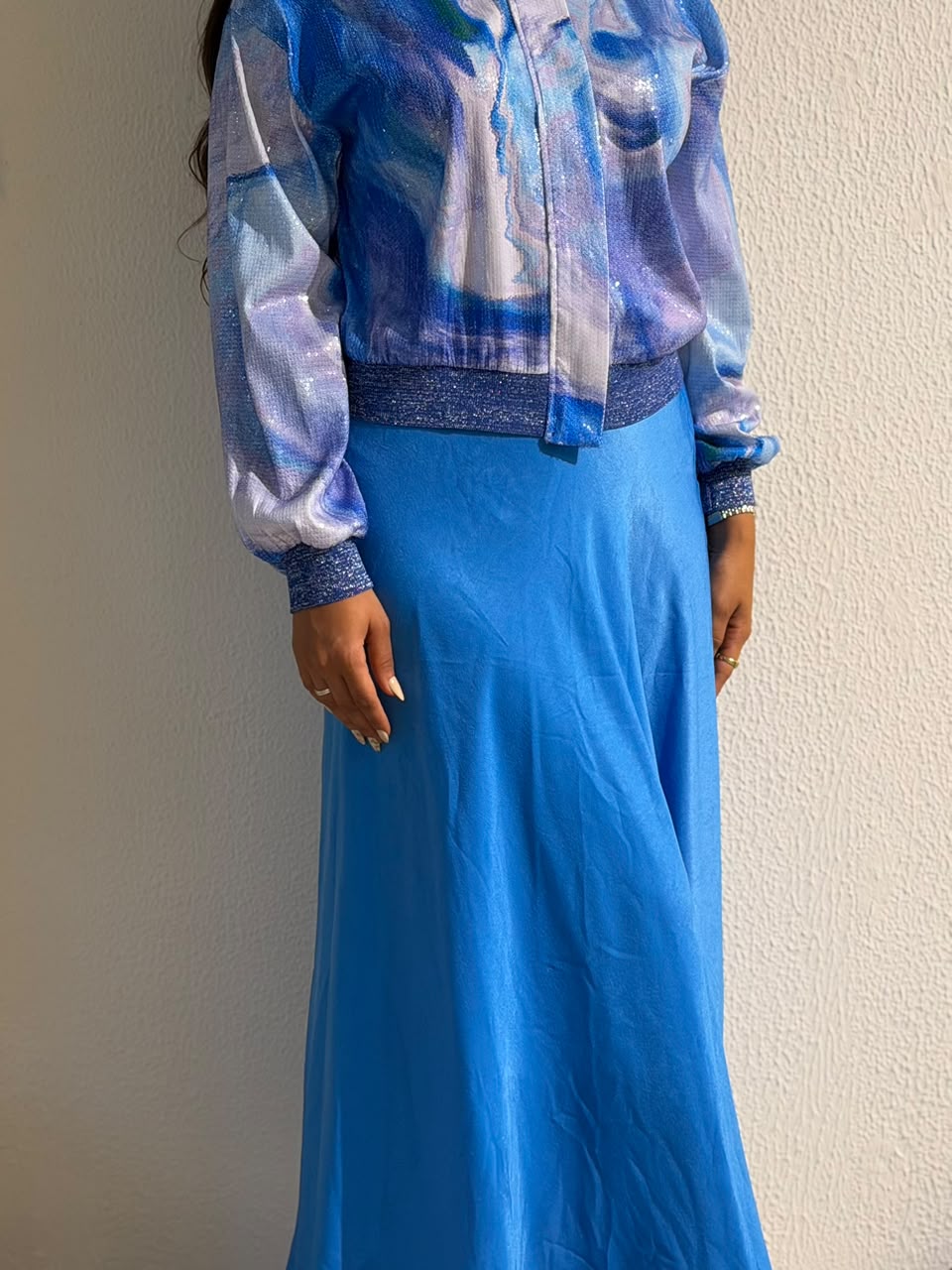 Azure Watercolor Bomber & Satin Skirt Set