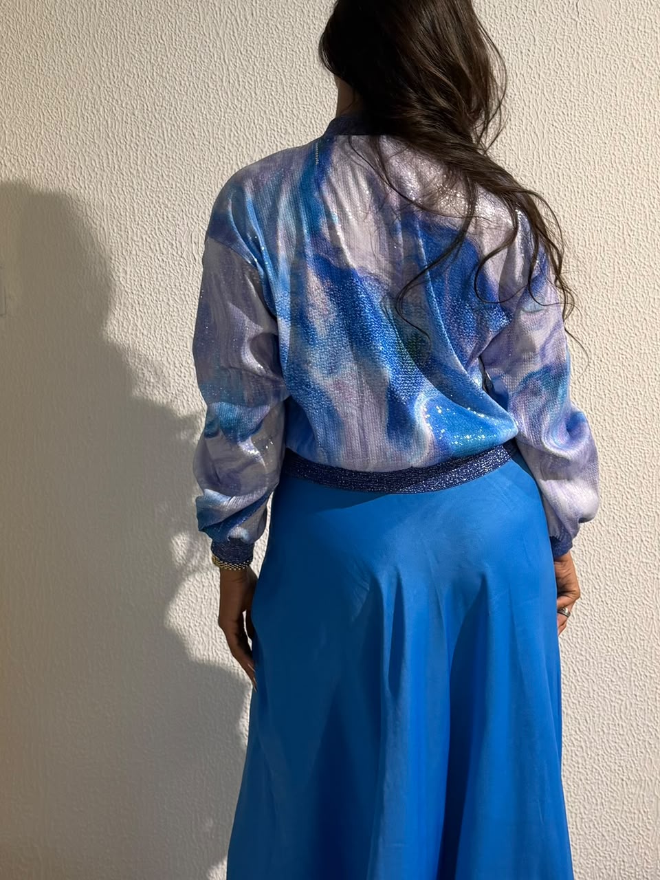 Azure Watercolor Bomber & Satin Skirt Set