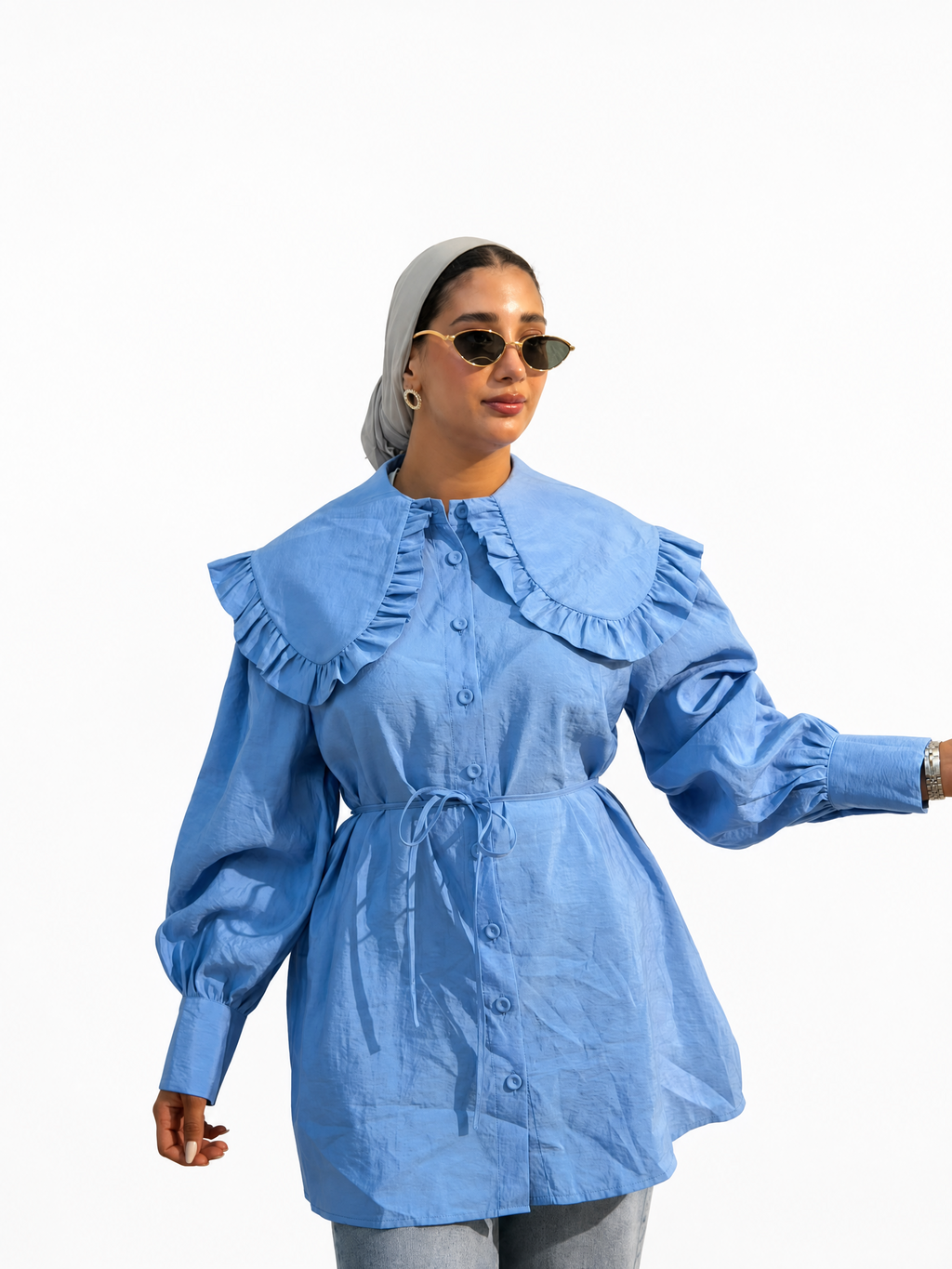 Sky Blue Ruffle-Collar Blouse