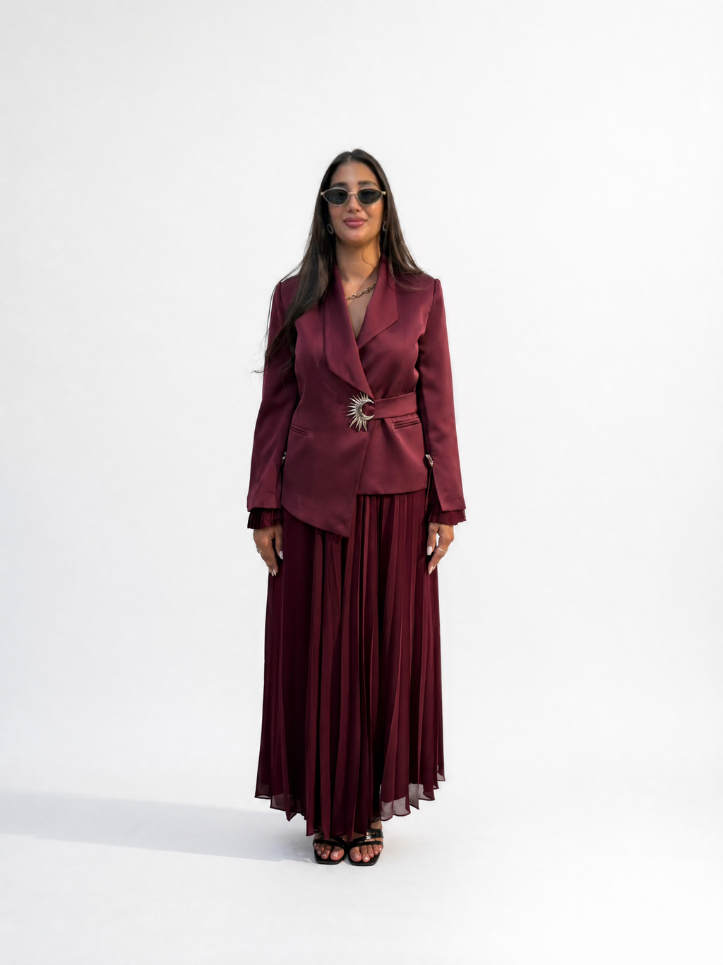 Merlot & Noir Belted Blazer Skirt Set