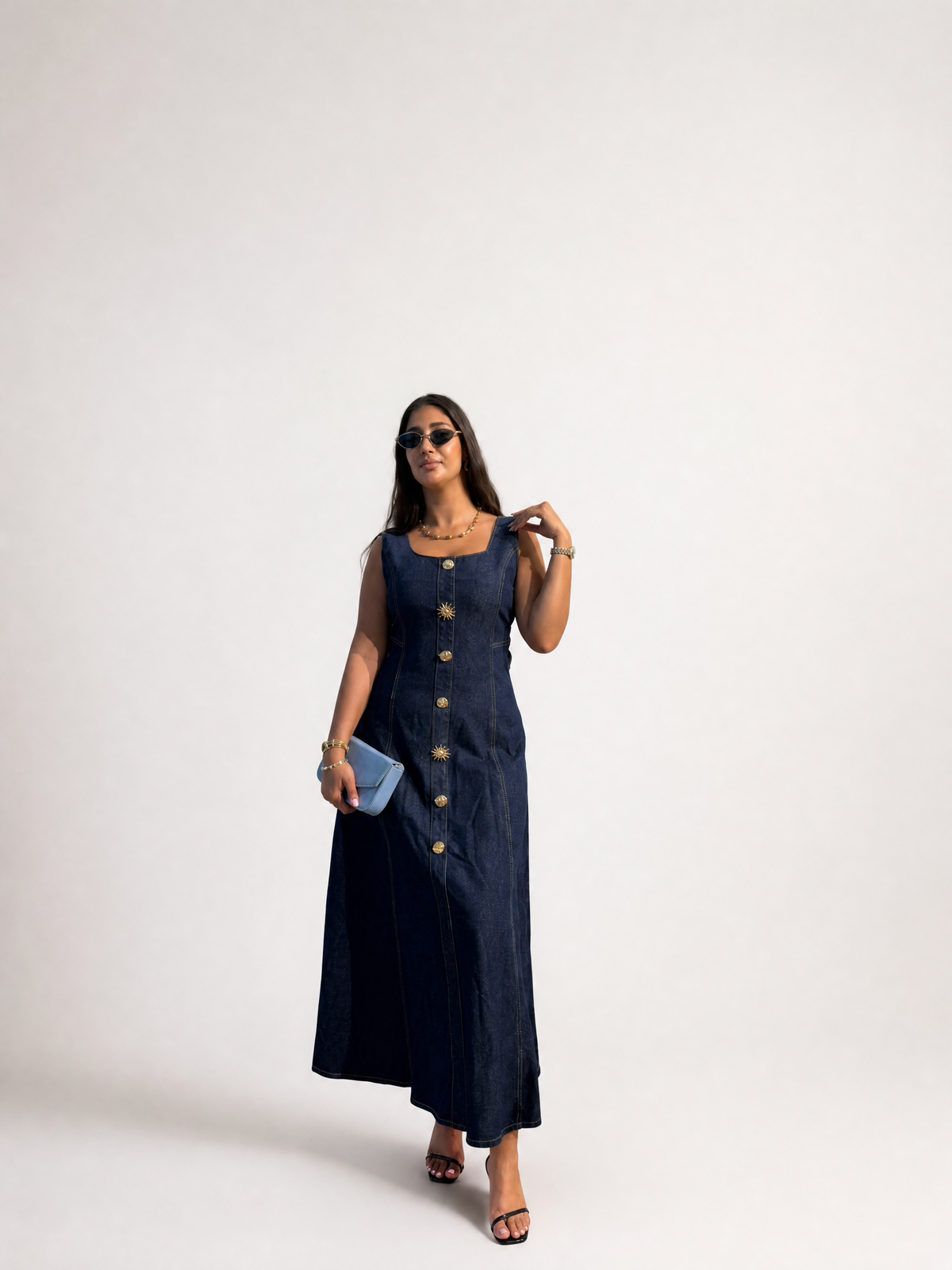 Denim button-front maxi dress