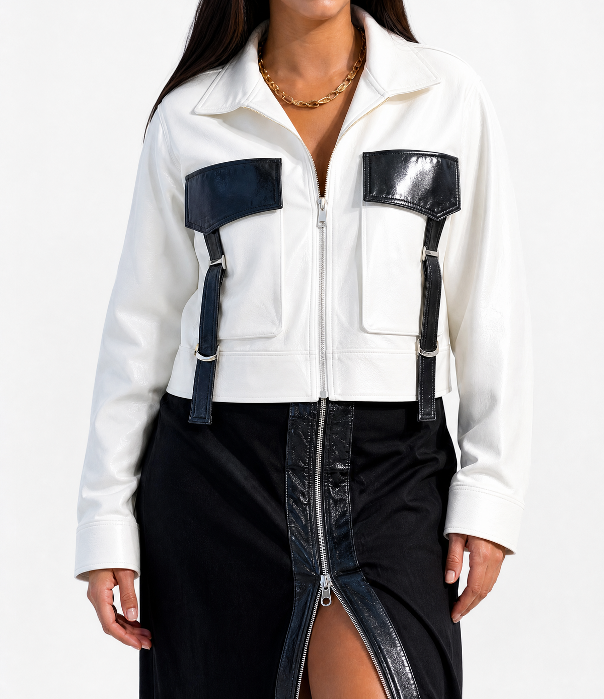 White cropped jacket + black slit skirt