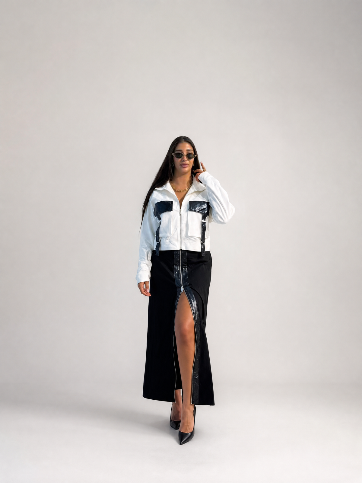 White cropped jacket + black slit skirt