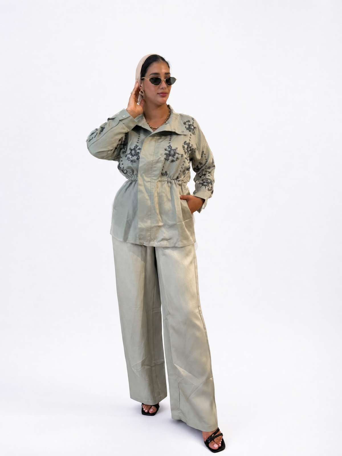 Sage Embroidered Cinched-Waist Set